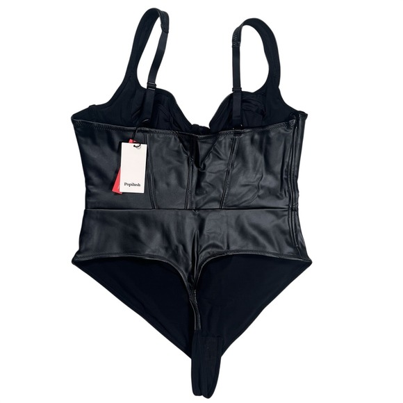 New Popilush Black Faux Leather Thong Bodysuit Sz 3x Shapewear Tummy Control - Picture 2 of 7